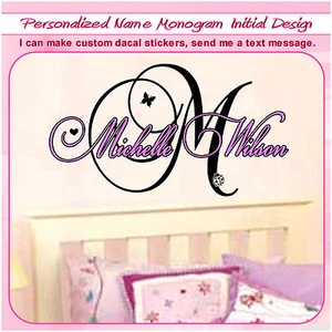 Name & Initial Monogram Wall Sticker Vinyl Lettering Girl Boy bedroom Decal 108 - Picture 1 of 3