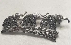 Antique Sterling Silver 925 Brooch Pin Marcasite Lucky Elephant Family - Picture 1 of 4
