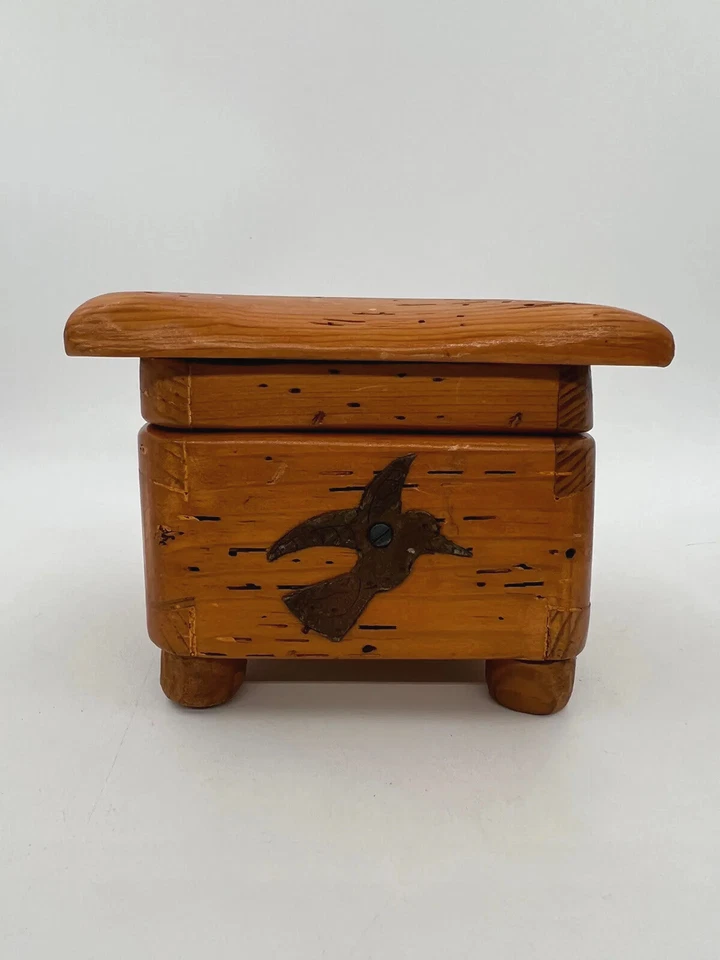 Antique Wormwood Box Bird Motif Handmade Hinged Lid Metal Details 1700s-1800s - Image 1 of 4