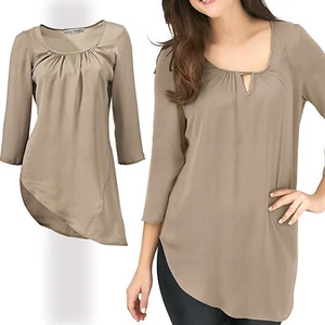 edel SATIN MARKEN Tunika Gr.34/36 Bluse Asymmetrisch TOP ABEND Seidentouch TAUPE - Bild 1 von 6