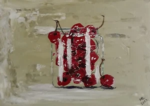 Cherries Jar – 12x16 Original Painting, Naive Folk Art, Kitchen Still Life - Picture 1 of 1