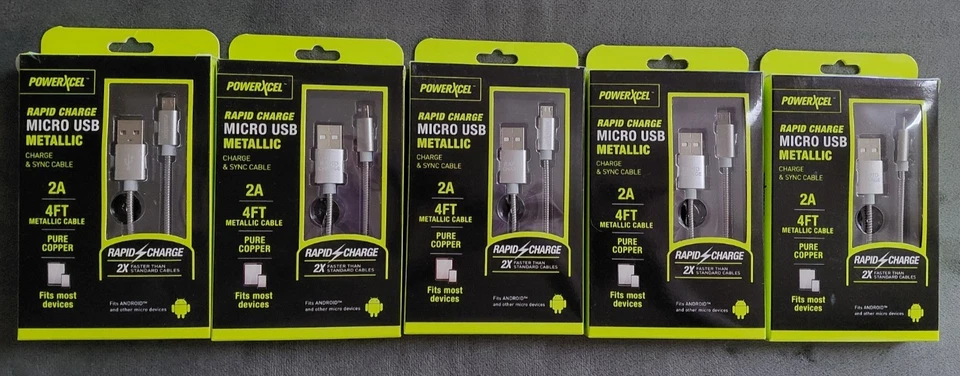 (5) PowerXcel Rapid Charge Micro USB Metallic Charge/Sync Cable 2A 4 FT Pure Cop - Image 1 of 2