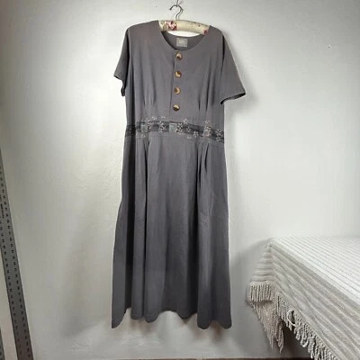 RARE Blue Fish Women Shirt Dress Maxi Gray Lagenlook Short Sleeve Floral Pleated - Image 1 of 4