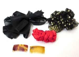 VINTAGE 1980s HAIR ACCESSORIES 2 Fabric Barrettes Hair Tie 2 Hair Combs (#4) - Picture 1 of 18