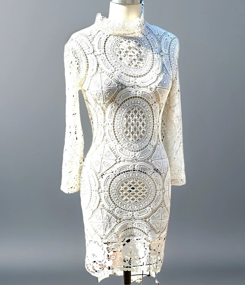 White Crochet Midi Pencil Dress Long Sleeve M/8 Geometric Bodycon Mock Neck - Image 1 of 4