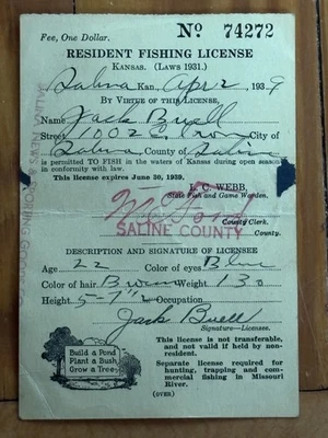 Licencia de pesca residente de Kansas 1939 de colección condado de Saline Foto 1 de 2