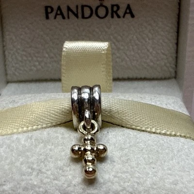 105A NIB AUTH PANDORA SS/14K TWO TONE GOLD CROSS DANGLE #790169 RETIRED! - Image 1 of 4