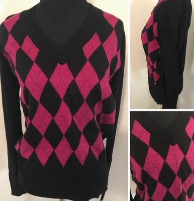 Y2k Guess Argyle Sweater M Black Pink Metallic V-Neck Old Money Preppy Academia - Image 1 of 4