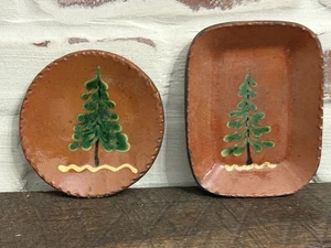 2 TurtleCreek Potter Redware esmalte de plomo baratija plato Betty Lou arte popular árboles - Imagen 1 de 11