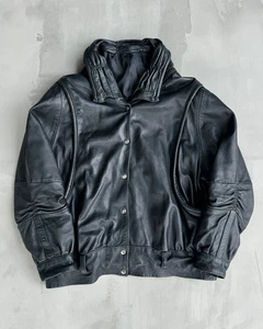 Unbranded Bomber Jacket Leather Black XL Pleated Collar Vintage Style - Picture 1 of 5