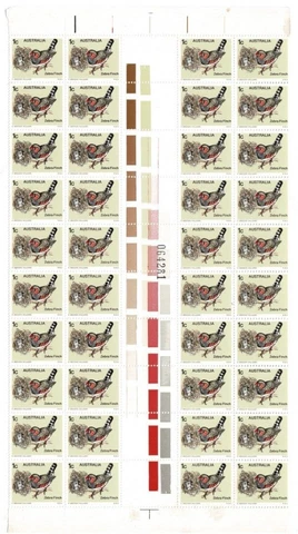 Stamps 1978 Australia 1c Zebra Finch bird gutter block of 40 inc sheet number Cover