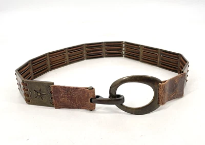 VTG Suzi Roher Belt women's M Brown Leather Metal Conchos links Stretchy - Image 1 of 4
