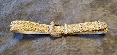 VINTAGE BEIGE RHINESTONE BLING AND STUDDED SILVER COLOR BUCKLE BELT - PRE-OWNED - Image 1 of 4