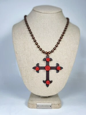 Gothic Filigree Cross with Red Roses Medieval Pendant Necklace Anthropologie Z&L - Image 1 of 4