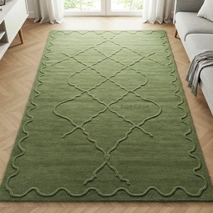 Modern Sage Green Hand-Tufted Wool Rug Geometric Handmade Living Room Carpet - Picture 1 of 6