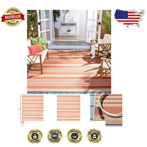 Stain-Resistant 8' x 11' Waterproof Outdoor Area Rug - Terracotta/Beige Stripe - Picture 1 of 6