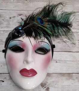San Fransisco CLAY ART Vintage Ceramic Face Mask Peacock Feathers Wall Art - Picture 1 of 6