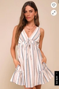 Cream Multi Striped Mini A Line Dress With Pockets Size Medium - Picture 1 of 6