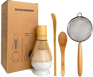 Bamboo Matcha Whisk Set -Matcha Whisk (Chasen),Whisk Holder(White),Sifter,Tea Sc - Picture 1 of 12
