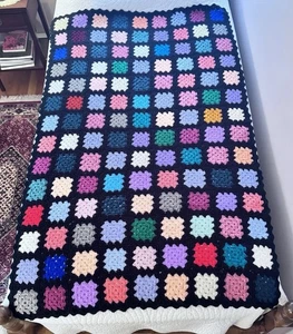 HANDCRAFTED CROCHET Afghan Throw Blanket Granny Square Blk Multicolored Blocks - Picture 1 of 7