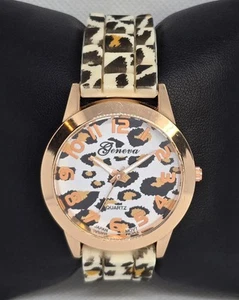Woman's Geneva Round Gold Tone Leopard Dial Cheetah Silicone Band Watch 05 - Picture 1 of 9