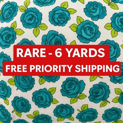 RARE VTG Blue Rose Fabric 6 Yards Retro Floral Print Quilting Sewing Upholstery  - Image 1 of 4
