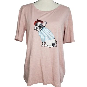 Talbots S/S Tee Shirt NWT Boston Terrier Medium Rose Pink Sequin Dog Scoop Neck - Picture 1 of 6