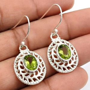 Natural Peridot Stone Women Gift Chunky Earrings 925 Sterling Silver Jewelry - Picture 1 of 8
