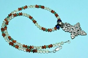 Collar de cruz de metal cristiano copto etíope W cornalina citrino y cuentas de jade - Imagen 1 de 4