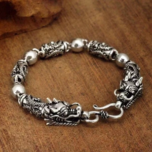 S925 Silver Double Dragon Men's Personalized Retro Bracelet - Picture 1 of 5