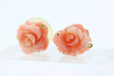 Pendientes de coral. Pendientes Flor Flor Rosa Coral Tallado 14k. Tallado grande Foto 1 de 4