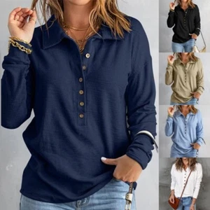 Damen-Poloshirt Langarm Tunika Bluse lockerer Pullover T-Shirt Herbst Tops UK - Bild 1 von 15