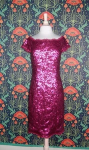 JS Collections Hot Pink Sequin Lace Sheath Short Sleeve Party Cocktail Dress 8 - Picture 1 of 7