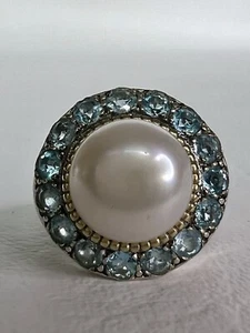 14k & 925 Sterlingsilber 11,6 mm Perle mit blauem Topas Halo Ring YAM ISRAEL Gr. 9 - Bild 1 von 7