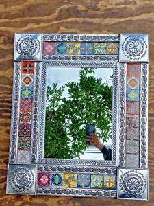25" PUNCHED TIN MIRROR mixed talavera tile mexican ethnic handmade wall folk art - Picture 1 of 5