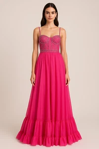 Mac Duggal 68464 Musterkleid Größe 2 neu mit Etikett Hot Pink Perlen Korsett Rüschensaum Kleid - Bild 1 von 8