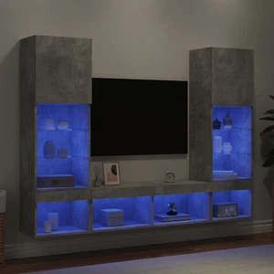 5PC TV Wall Units Media Cabinet with LED Lights, Concrete Grey Engineered Wood - Picture 1 of 11