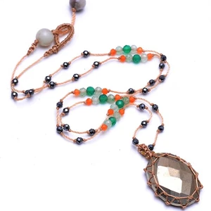Shield Glow~ Handmade Natural Pyrite Handknotted Micro Macrame Crystal Necklace - Picture 1 of 12