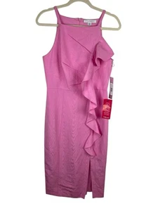 Kay Unger Dress Women’s 8 Pink Nellie Ruffle Midi Sleeveless Square Neck Slit - Picture 1 of 16