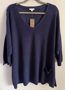 J.Jill Linen Blend Sweater Ink Blue V-Neck Rib Knit 3/4 Sleeve Size 3X NWT - Picture 1 of 5
