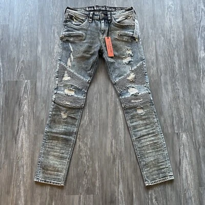 Nuevos Pantalones de mezclilla rectos ajustados Rock Revival Moto Elliot azul tostado/marrón para hombre talla 32x32” Foto 1 de 4