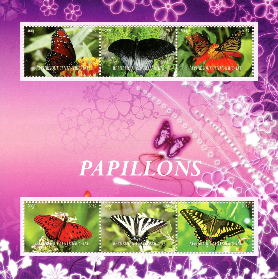 Estampillas de insectos M/S de mariposas MNH 2015 República Centroafricana 6v Foto 1 de 1