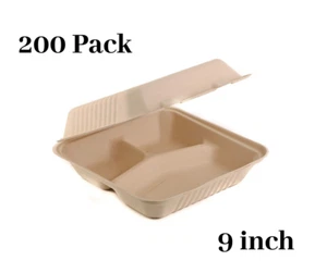 [ 200 Pack ] 3 Compartment Compostable Hinged Take Out Food Container 9 Inch - Picture 1 of 5