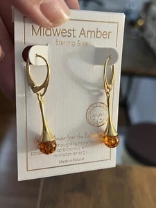 925 Gold Plated Sterling Silver MIDWEST Amber Designer Drop Earrings Poland - Picture 1 of 7