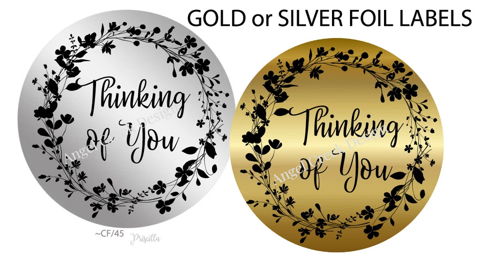 GOLD FOIL or SILVER FOIL Stickers Seals Labels Stickers Thinking of You Favors - Image 1 of 1