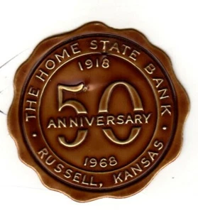 1918-1968 Home State Bank RUSSELL Kansas 50th Anniversary Embossed Decal Sticker - Picture 1 of 2