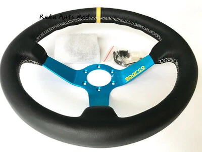 340mm Leather Deep Dish Racing Steering Wheel Fit For MOMO hub OMP Drifting Blue - Image 1 of 4