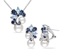 Pearl, Blue Topaz & Sapphire 5.00 Carat (ctw) Silver Earrings & Pendant Set