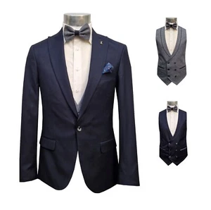 Men's suit reversible vest and bow tie slim fit size 54 blue - Picture 1 of 7