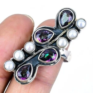 Mystic Rainbow Topaz Gemstone 925 Solid Silver Statement Ethnic New Ring Jewelry - Picture 1 of 7